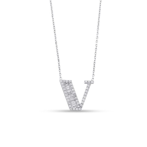 0.24 Karat Baget Pırlantalı V Harfi Kolye