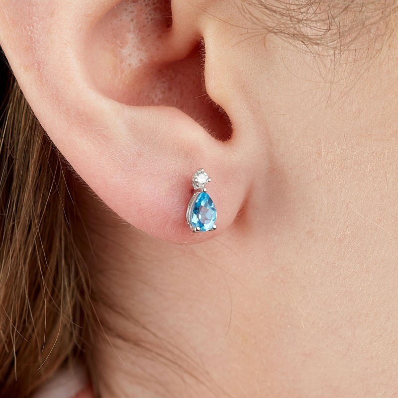 1.06 Karat Damla Blue Topaz Taşlı Pırlanta Küpe
